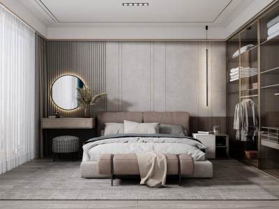 现代卧室 双人床 床头柜组合 梳妆台 衣柜 床尾凳 摆件